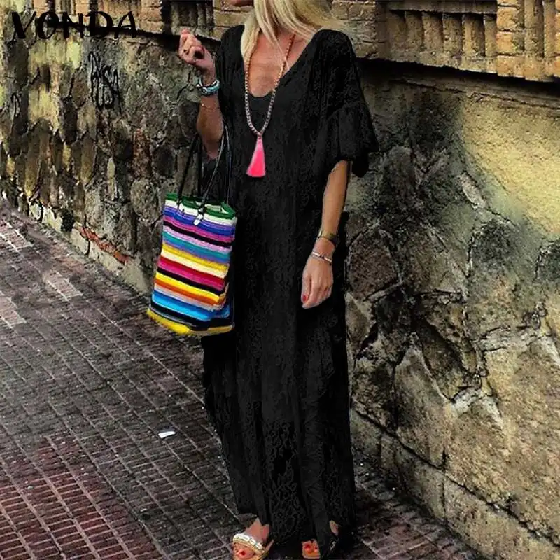 

VONDA Women Bohemian Maxi Long Dress 2019 Summer Sexy V-Neck Butterfly Sleeve Hollow Lace Dress Casual Vestido Plus Size S-5XL