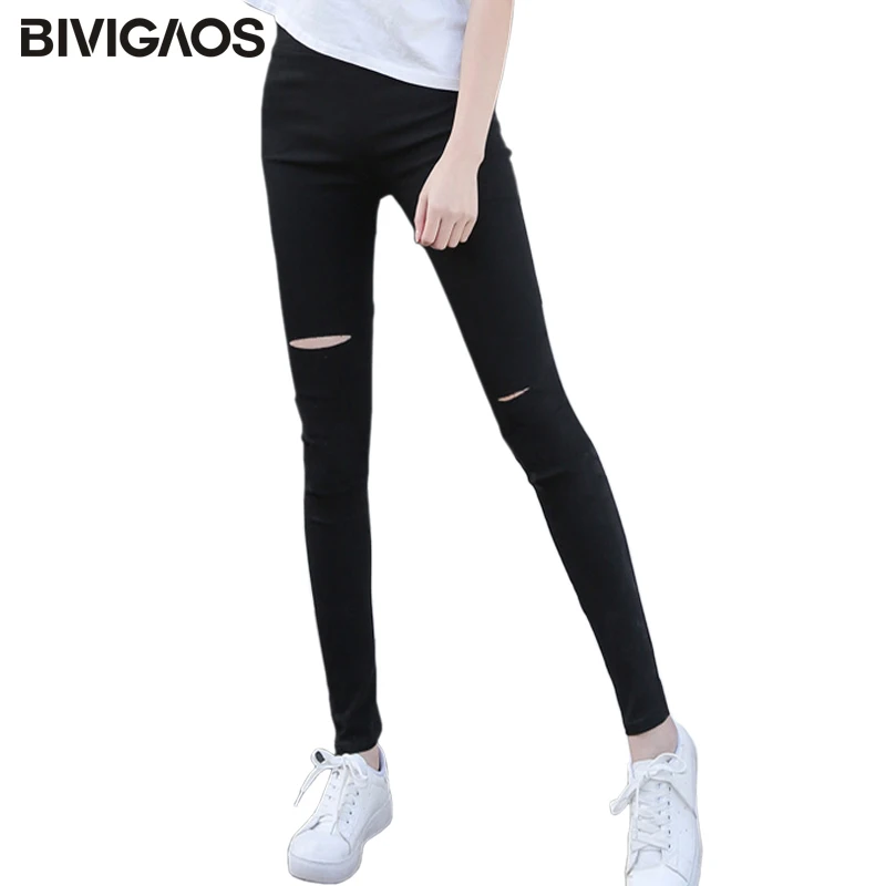 

BIVIGAOS New Spring Summer Ripped Holes Black Leggings High Waist Super Elastic Push Up Thin Woven Skinny Pencil Pants For Women