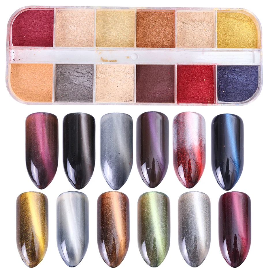 

1 Case 12 Mixed Color Nail Glitter Set 3D Cat Eye Pigment Powder Magic Mirror Effect for Gel Polish Nail Art Decoration LE813