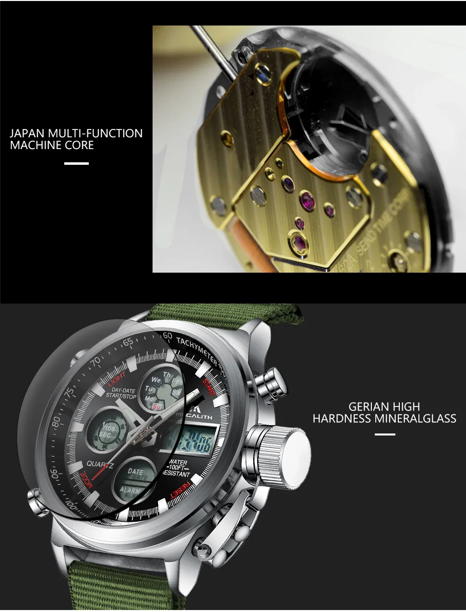MEGALITH светодиодный цифровой мужские часы Военный Зеленый нейлон ремешок наручные часы водостойкий хронограф сигнализации спортивные часы