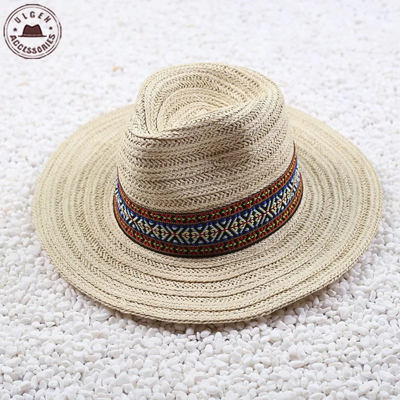 Vintage Summer straw hat mens fedora hat beige khaki cowboy hat large