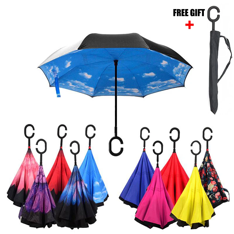 

Reverse Umbrella For Women Double Layer Reversible Anti-UV Umbrella Cloth Inverted Windproof Rainproof Long Handle Rain Gear