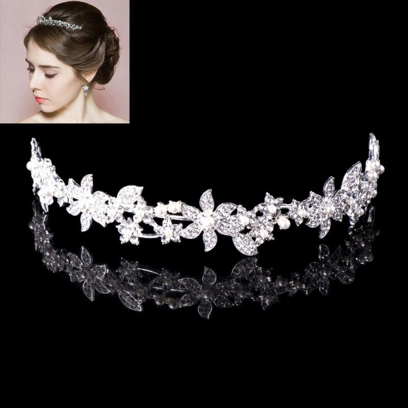 

Women Bridal Wedding Flower Tiara Crown Faux Pearl Rhinestone Hair Band Headband Prom