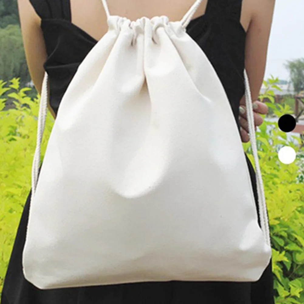 Women Canvas Backpacks Girls Drawstring Bag Teenagers Schoolbag Female Solid Color Sack Bag Black White Shopping Bags#15