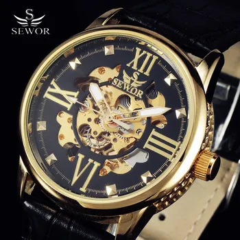 

2016 Famous Brand SEWOR Luxury Fashion Vintage Leather Strap Gold Dial Men Mechanical Skeleton Watch For Men Wristwatch