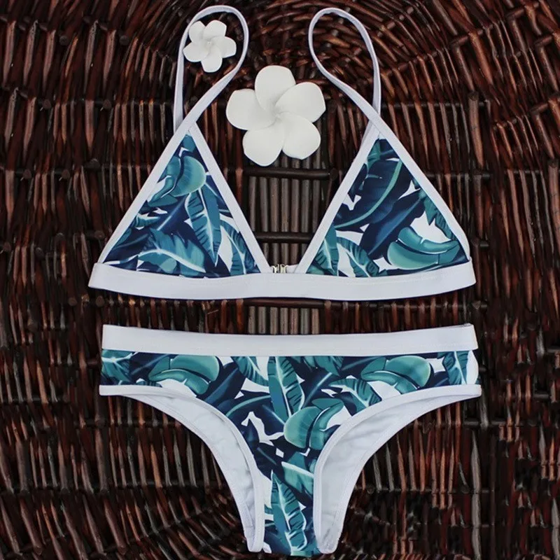 

Sexy Backless Bikinis 2019 Woman Sale Mid Waist Triangle Saperate Bathing Suit Female Leaf Printed Adjustable Two Piece Swimsuit