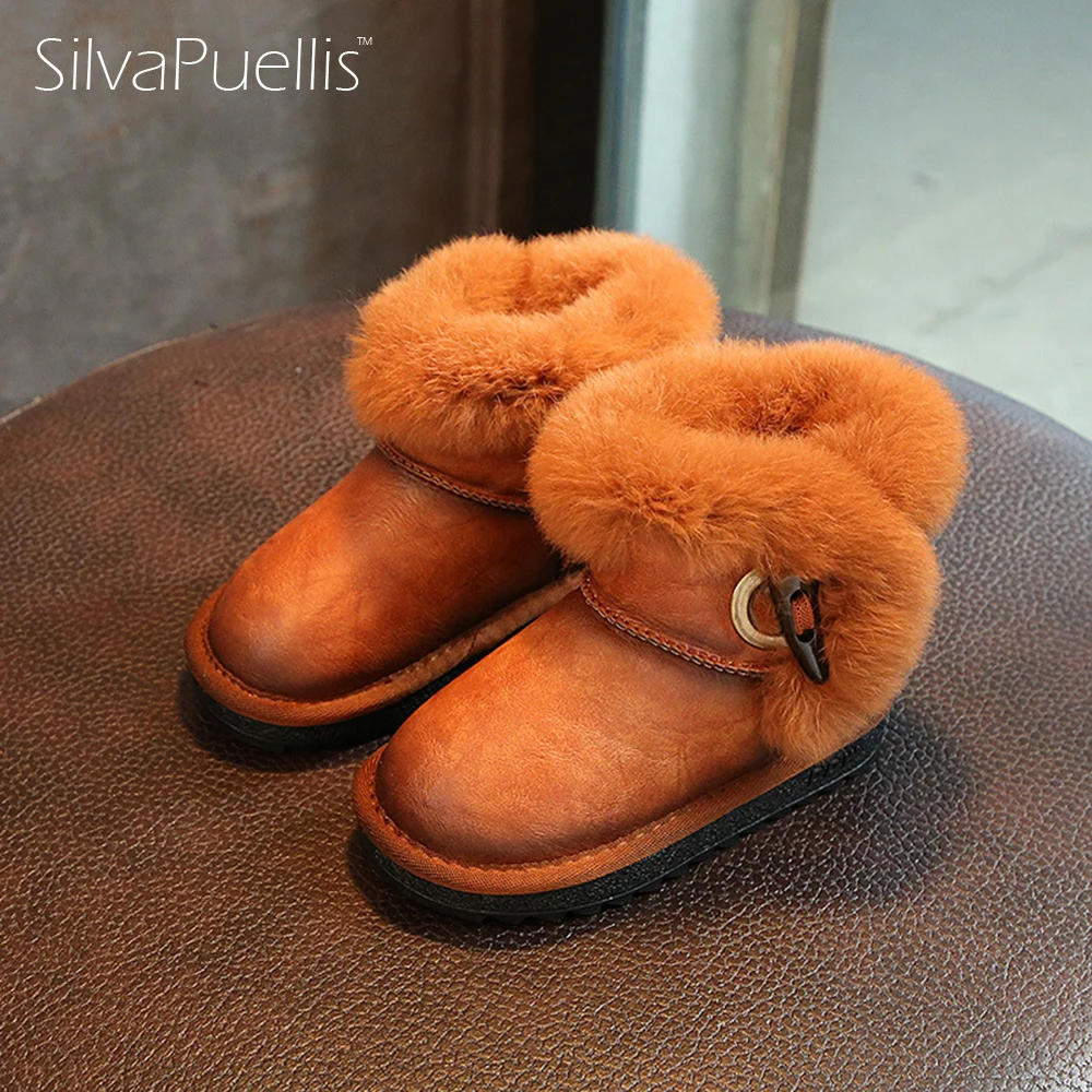 

New SilvaPuellis 2017 Children Simple Fashion Simple Boots Girl Warm Snow Boots Kids Plush Buckle Strap Flat Rubber Boots