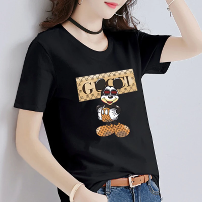 

Camiseta Mickey Printed Tshirts Women 2019 Summer Casual Black Short Sleeve T-shirt Harajuku Funny Cartoon Tshirt femina Lovers