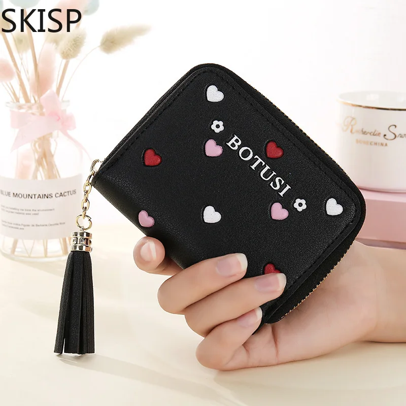 

2019 Cute Women Wallet Small Heart Wallets Ladies Short Leather Women Tassel Coin Zipper Purses Female Purse Clutch Black