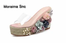 Moraima Snc barnd platform sandals ladies flower high heels slippers women Transparent chausson femme Beach shoes 2018 summer moraima snc pearl sandals 9 cm high heels sandals women platform wedges shoes wummer 2018 new string bead bohemia party shoes
