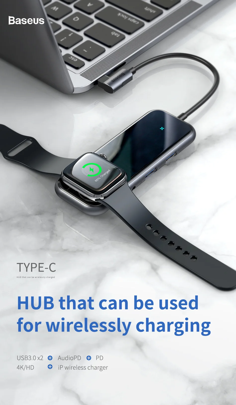 Baseus USB C концентратор с беспроводным зарядным устройством для iWatch type C usb-концентратор к Usb 3,0 HDMI для Macbook Pro с аудиоразъемом 3,5 мм