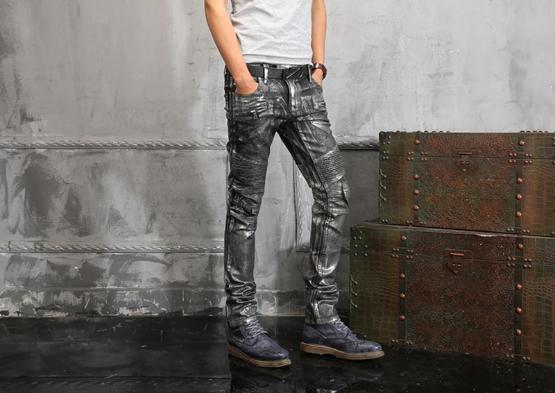 Men Fashion Runway Shiny Silver Coated Oiled Stretch Slim Jeans Mens Casual Motorcycle Denim Jeans Long Trousers Plus size _ - AliExpress Mobile