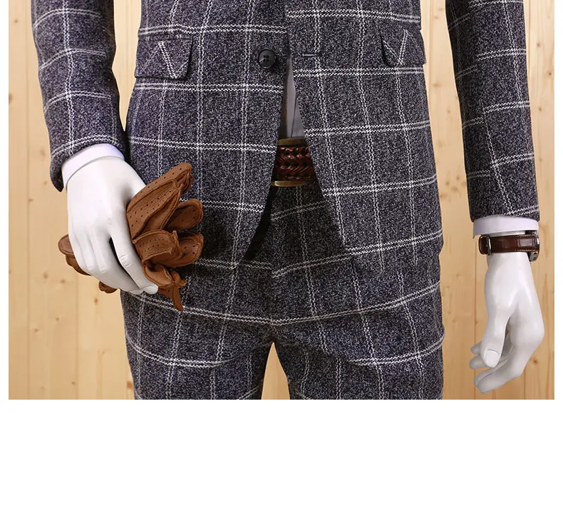 Для мужчин Сгущает серый формальный пиджак в клетку осень-зима теплые модные Блейзер Однобортный воротник Повседневное Свадебные Костюмы для жениха