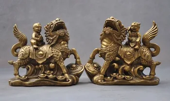 

Christmas China FengShui Brass Boy Ride Unicorn Kylin Beast Wealth Yuanbao RuYi Statue wedding decoration