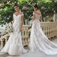 Weg von der Schulter A-Line Brautkleid Champagner mit Iovry Spitze Applique Button Zurück Brautkleider vestido de noiva curto