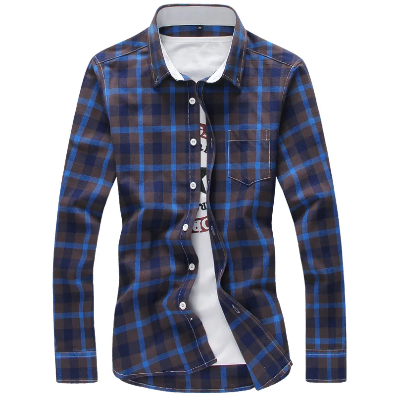 5XL клетчатые мужские рубашки, клетчатая рубашка, бренд, новая мода, на пуговицах, с длинным рукавом, повседневные рубашки размера плюс - Цвет: Blue