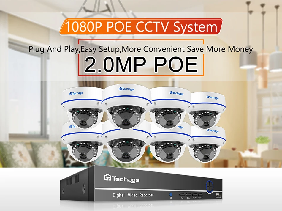 Techage 8CH H.265 1080P POE NVR безопасности Камера Системы 4/6/8 шт. 2MP купольная ip-камера с модулем питания POE Комплект видеонаблюдения без RJ45 кабель