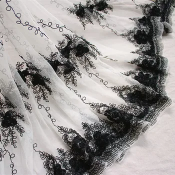 

17.7"45cm(2yards/lot) White Tulle with Black 3D Chiffon Flower Lace Trim,Mesh Embroidery Lace Trim