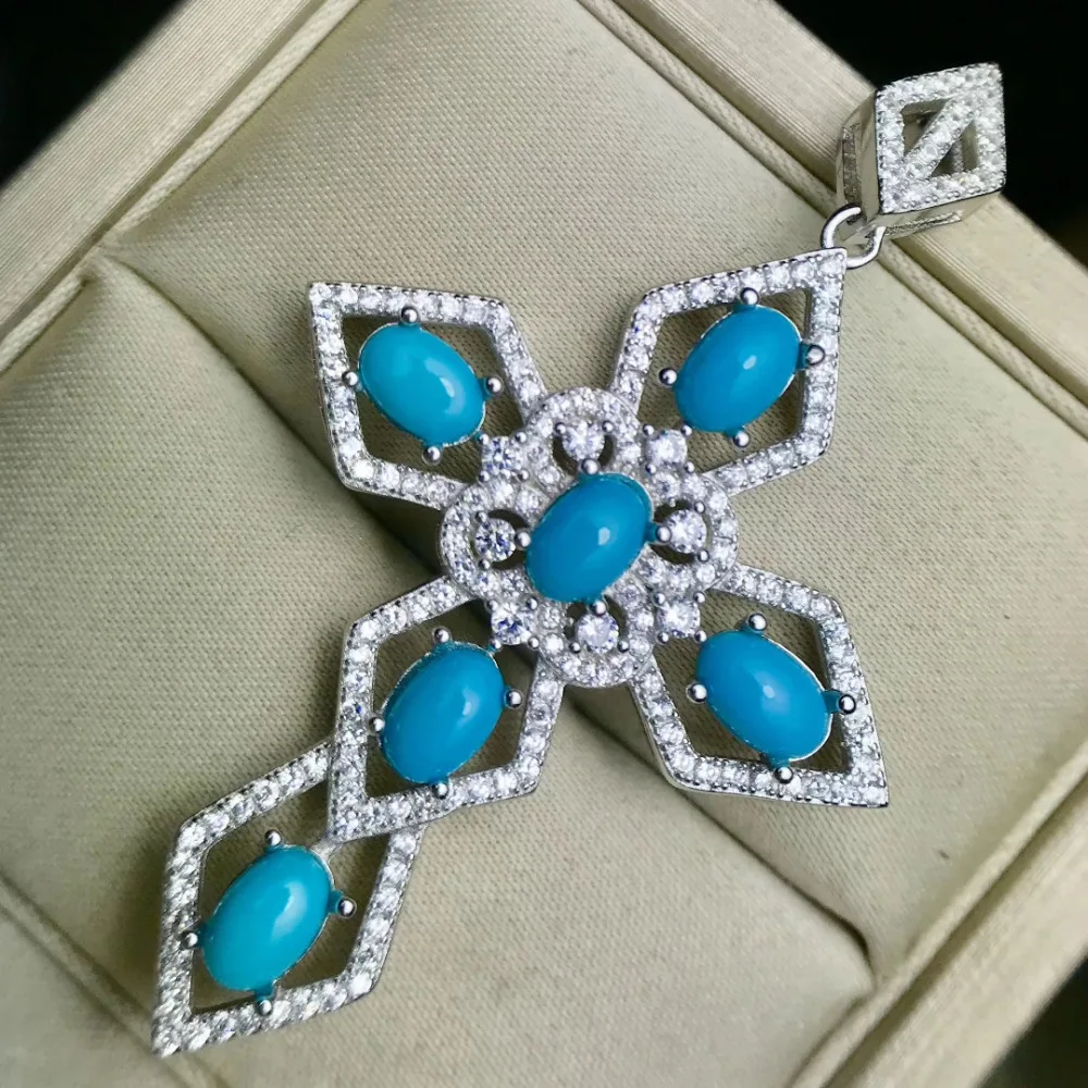  Naturel bleu turquoise croix pendentif colliers pierre naturelle pendentif S925 argent élégant femm