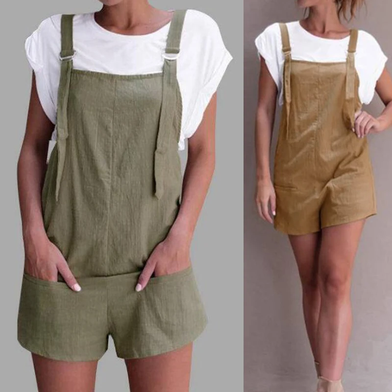 Womens Rompers Jumpsuit Summer Sexy Strap Overalls Casual Pockets Loose Sleeveless Backless Short Playsuits