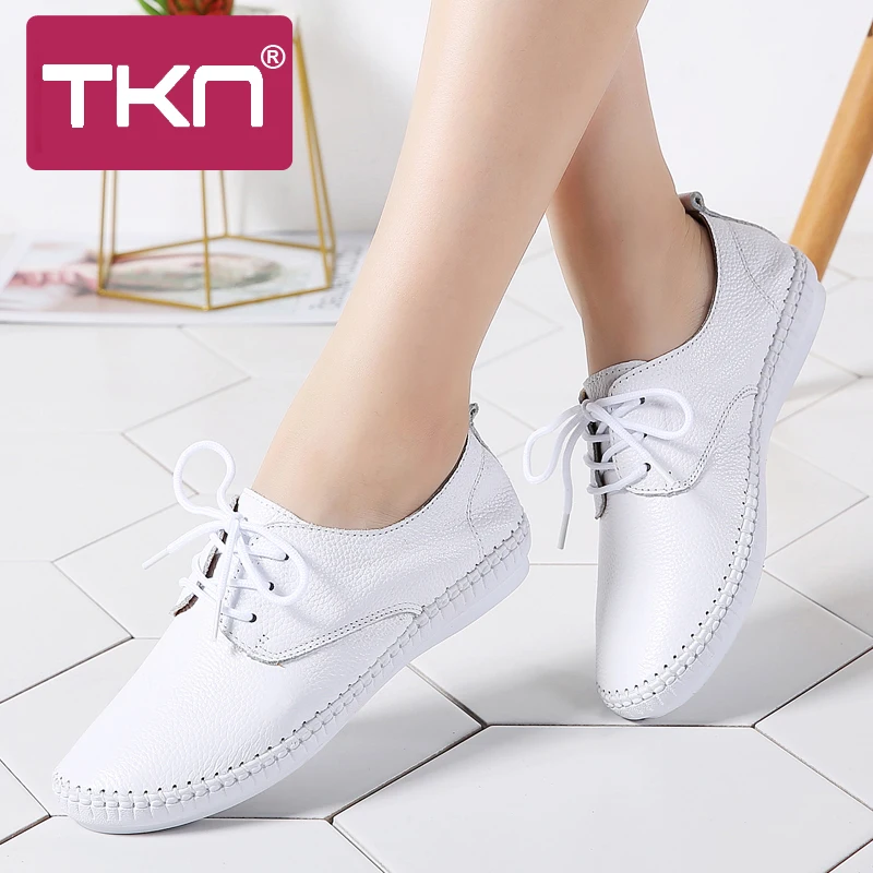 

TKN 2019 Spring Women Ballet Flats Genuine Leather Loafer Casual Flats Shoes Ladies Lace Up Lightweight Sneakers Shoes Women B16