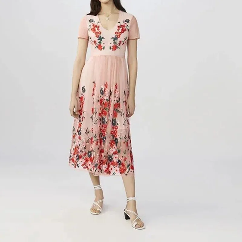 

Women Short Sleeve Long Dress V Neck Flower Embroidery Mesh Midi Dress