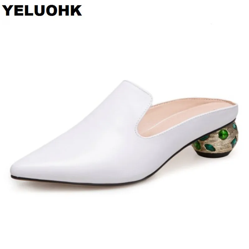 

2018 Rhinestone Summer Shoes Women High Heels Genuine Leather Shoes Women Moccasins Loafers Pointed Toe Women Slippers Pumps