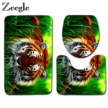 

Zeegle 3 Pcs/Set Tiger Pattern Anti-silp Toilet Bath Mats Flannel Contour Toilet Rug Lid Toilet Cover Carpet Bathroom Products