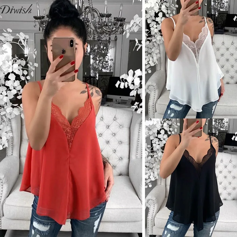 

Diwish New Arrival Women Summer Lace Tank Camis Sexy Fashion V Neck Loose Strap Tank Blouse Sleeveless Lady Summer Lace Tops