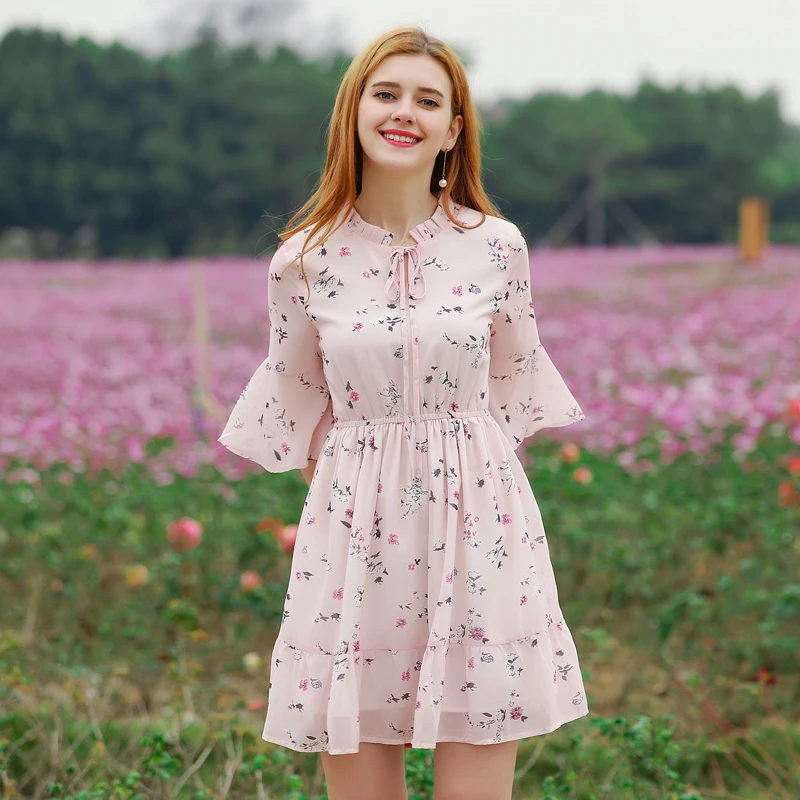 

2019 Spring Sweet Women Dress Soft Ladies Outerwear Flare Sleeve Elegant Slim Waist Female Summer Chiffon Dress Large Size 2XL