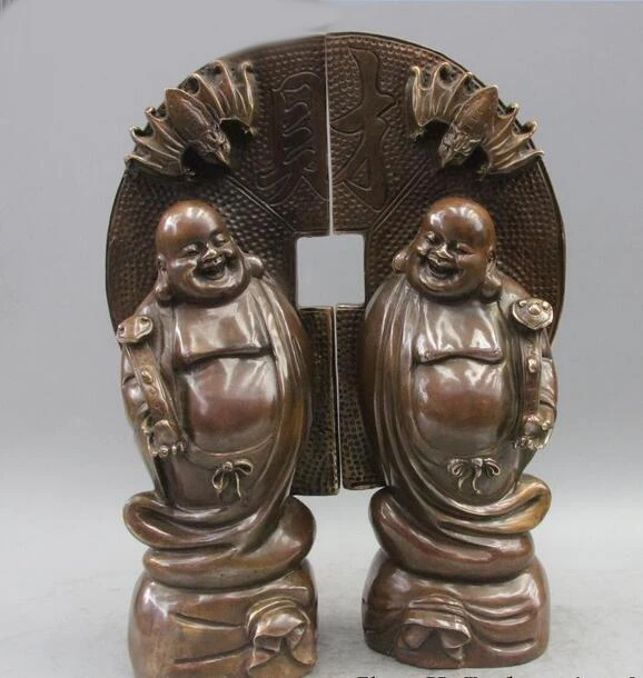 

China Bronze Wealth Bat Copper Cash Maitreya Buddha Sack Monk Buddha Statue Pair