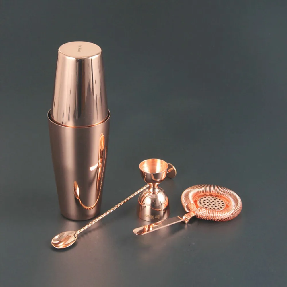 4Pcs Stainless Steel Copper Plated Cocktail Boston Shaker Sets Strainer Spoon Jigger Mixer Drink