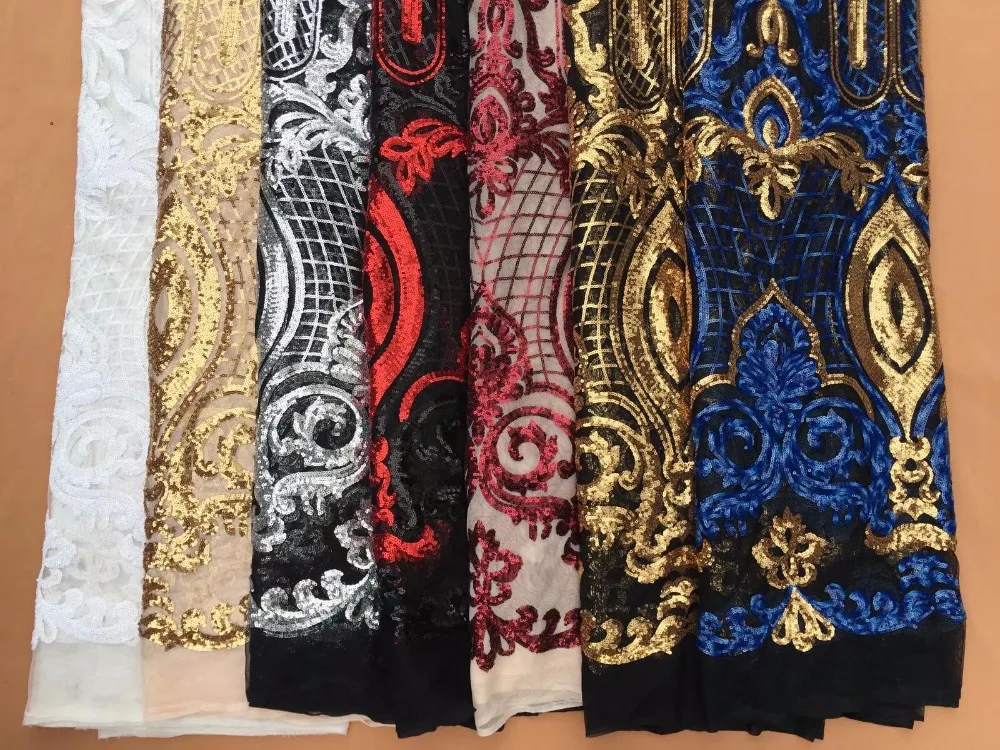 

French Net Lace Fabric Latest african guipure lace fabric with embroidery mesh tulle Royal multicolor cord Sequins lace fabric