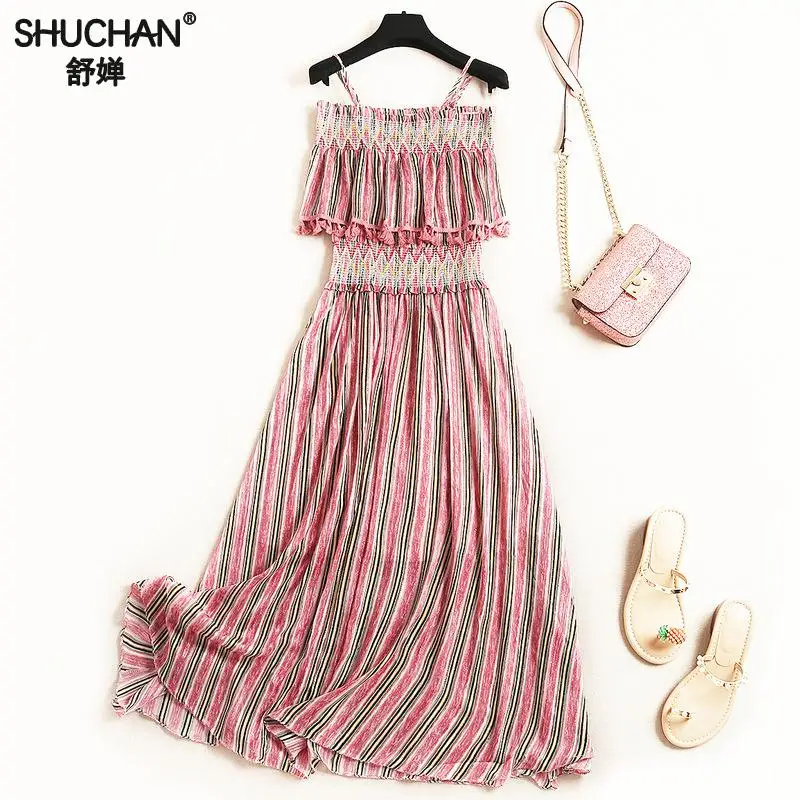 

Shuchan 2019 Summer Sundresses For Women Beach Style Striped Sleeveless Spaghetti Strap Vestidos Largos De Verano 50742