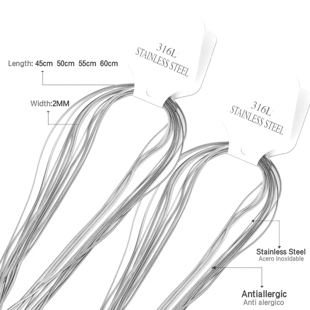 LUXUSTEEL 10 шт./лот цепочки и ожерелья 2 мм 45 см/50 см/55 см/60 см нержавеющая сталь табличная змея цепочки ювелирные изделия воротники вечерние унисекс
