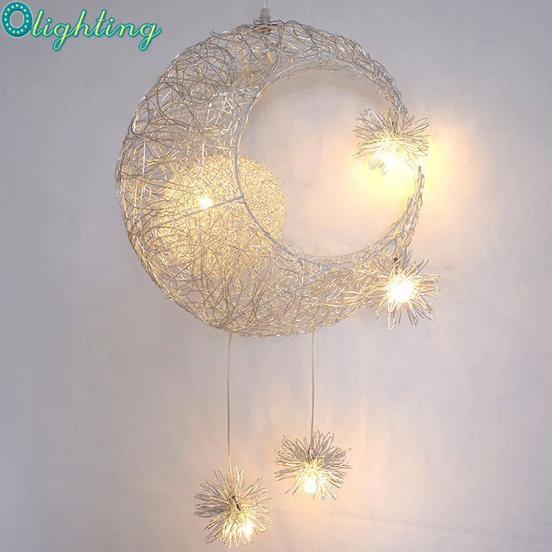 

Olighting G4 LED Silver Pendant Light Kids Room Night Drop Light Moon Star Decorative Lighting Pendant Lamp Children home light