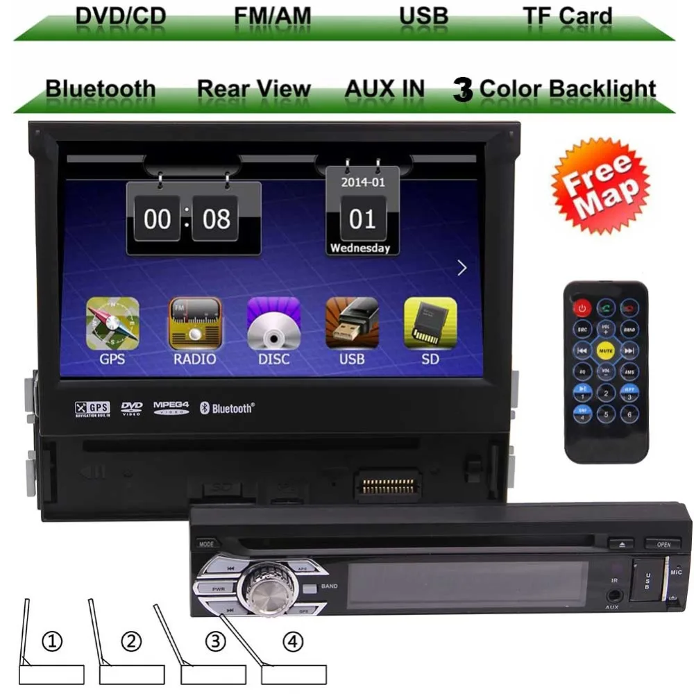 

1 Din gps car stereo Free 8GB navigation map Car Bluetooth CD DVD player USB SD Aux Headunit autoradio FM AM RDS Automotive gps