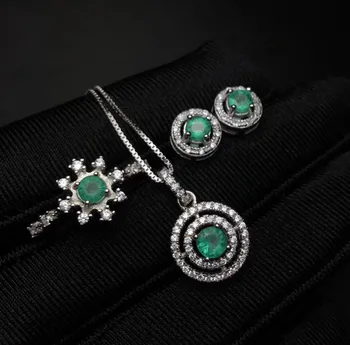 

Natural green emerald gem Ring Pendant earrings Natural Gemstone Jewelry Set S925 Silver elegant Simple round girl party jewelry