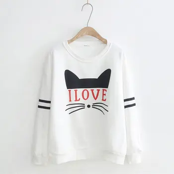 

2018 Kawaii Cat Letters Sweatshirt Womens Tops Long Sleeve Preppy Students Harajuku Hoodie Autumn Loose Pullover White Moletom