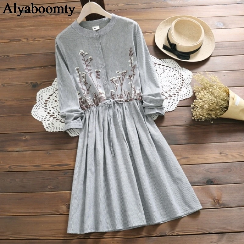 

Mori Girl Floral Embroidery Sweet Dress Red Striped Cotton Linen Vestidos De Festa Long Sleeve Vintage Kawaii Cute Women Dress