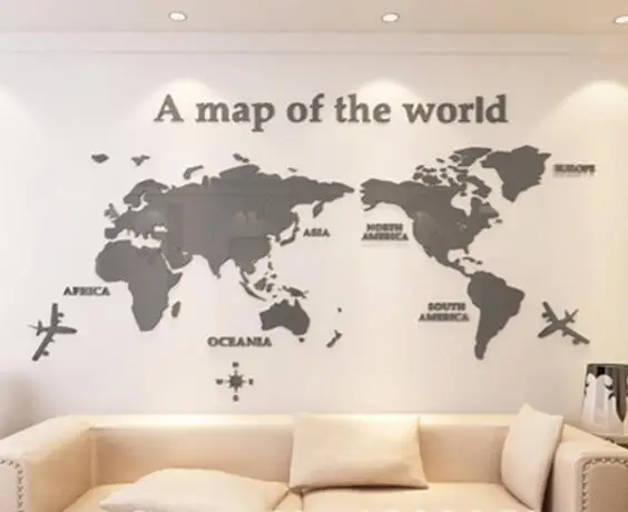 Карта мира 3D Хрустальные акриловые наклейки на стену для офиса гостиной диван фон домашний декор художественная настенная наклейка наклейки Рождественский подарок - Цвет: Серый