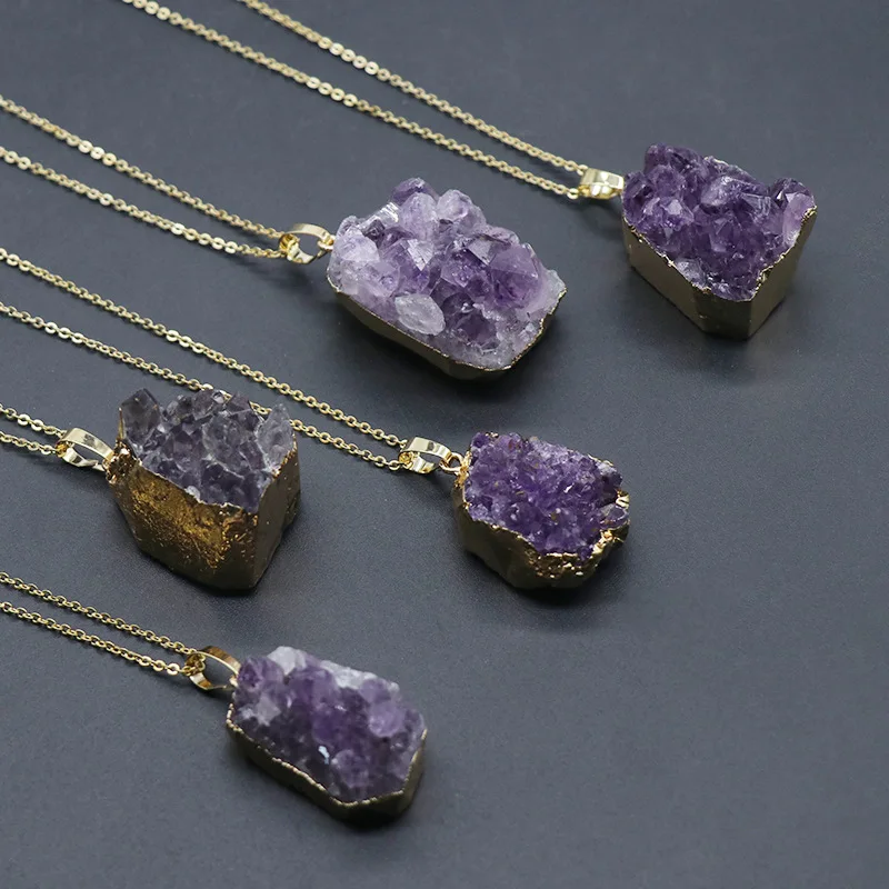 

Natural Amethysts Pendant Randomly Raw Nuggets Reiki Stone Cluster Quartz Drop Real Crystal Pendant Necklaces for Women Female