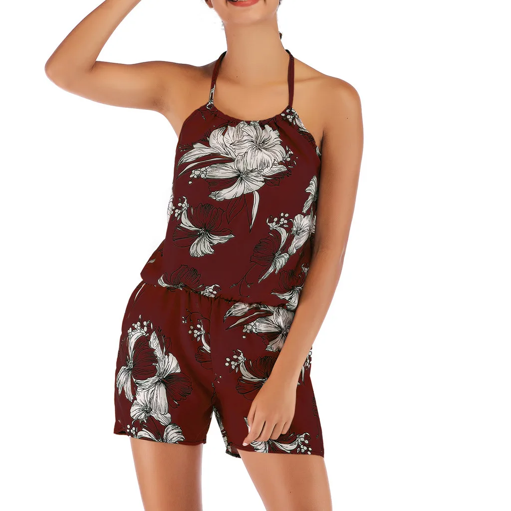 

Short Comfortable Jumpsuit Ladies Summer Sleeveless Strap Halter Loose Bohemian Print Jumpsuit Mono corto y comodo#JE-55
