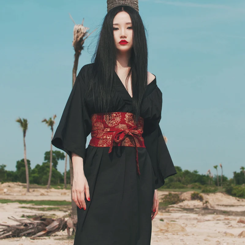 

2019 Woman Japanese Kimono Style black super Loose Solid Sexy V neck Split Long Dress