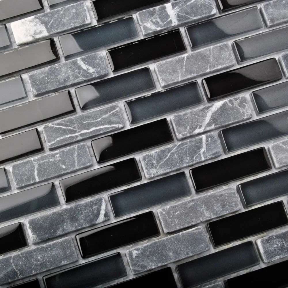 Glass Stone Black & Grey Interlocking Strips Bathroom Kitchen Wall
