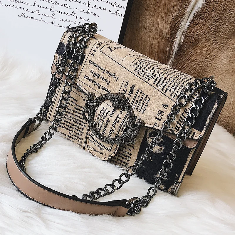 

Newspaper Printing Scrub Leather Handbags Women Chains Shoulder Bags Vintage Round Buckle Messenger Crossbody Bag Phone Purse