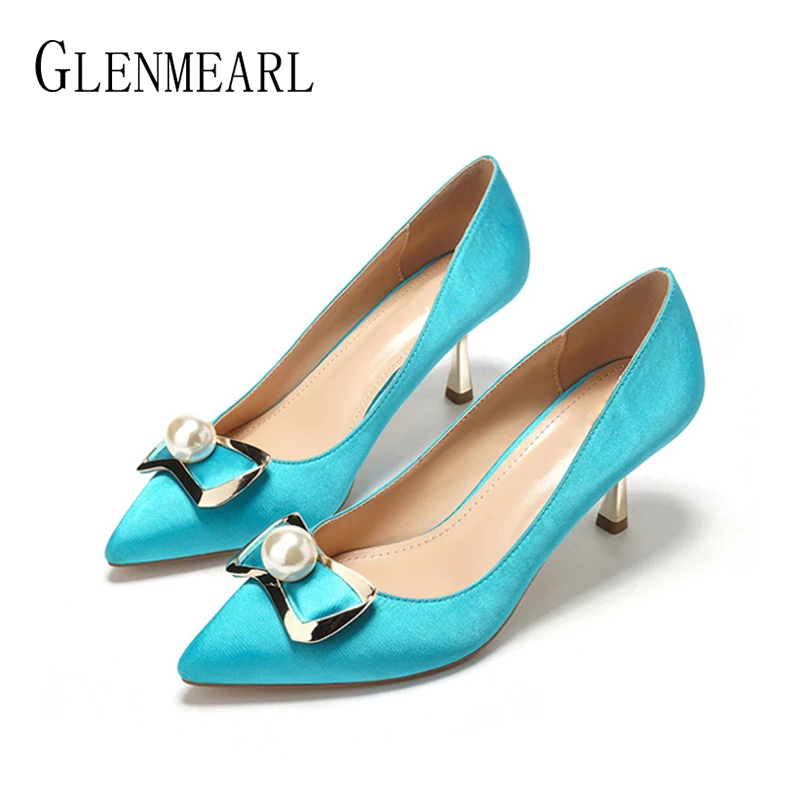 

Brand Shoes Woman High Heels Women Pumps Pointed Toe Pearl Women Wedding Shoes Heels Spring Autumn Sexy Female Party Shoes Blue