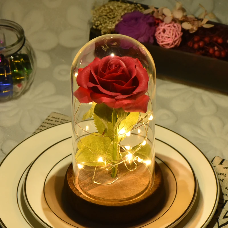 

WR Artificial Eternal Flower in Glass Flower Rose LED Light With Wooden Base For Mother's Day Gift Wedding Party Decoration