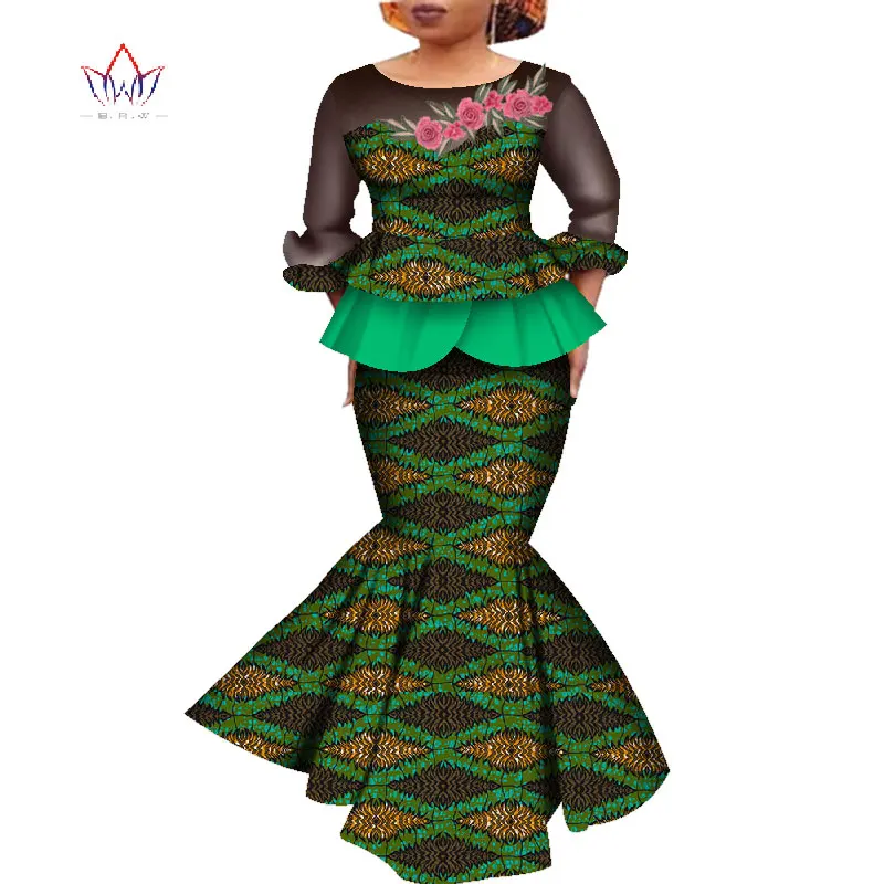 Африканский Дашики печати платье укороченный топ и юбка набор вечерние свадебные платья с длинными рукавами африканская женская одежда длинная юбка комплект WY4575