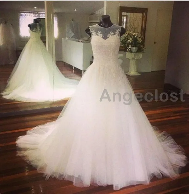 Real Image Wedding Dresses Long 2017 Lace Tulle Illusion Back Necklines Ball Gown Sleeveless